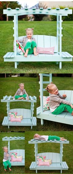 a collage of photos shows a toddler playing on a swing set in the grass