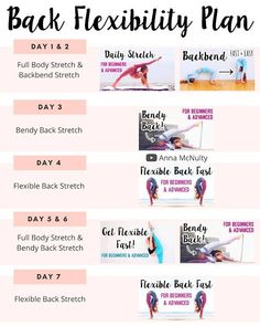 the back flexibility plan for beginners is shown in pink and white with black lettering