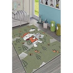 a rug with a cartoon character on it in a child's room, next to a bed