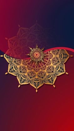 an ornate gold design on a red and blue background