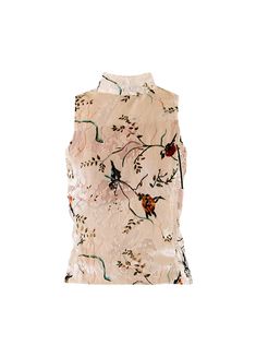 Elegant Floral Mock Neck Top - Discover the perfect blend of style and comfort with this sleeveless, slim-fitted top. Featuring a charming Flower & Oriole pattern and a slightly transparent mock neck design, this light summer piece is ideal for warm weather. Available in beige and made from 75% rayon and 25% nylon. Size Chart: Size (CM) Length Chest Waist Small 58 85 71 Medium 58 89 75 Large 58 93 79 Sleeveless Silk Top With Floral Print, Fitted Silk High Neck Top, Spring High Neck Fitted Tank Top, Elegant Spring Tops With Band Neck, Summer Sleeveless Stretch Mock Neck Top, Fitted High Neck Tank Top For Spring, Summer Stretch Sleeveless Mock Neck Top, Chic Sleeveless Mock Neck Top For Summer, Sleeveless Stretch Blouse With Floral Print