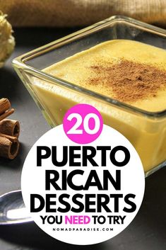 a bowl filled with desserts and cinnamon on top of a table