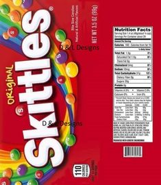 a close up of a bag of skittles on a red background with the label