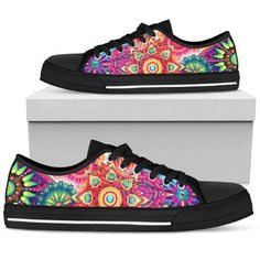 Bright Mandala Low Top Shoes Sneakers Pn206368Sb Lightweight construction with breathable mesh fabric provides a comfortable and flawless fit. Style Converse, Hippy Gifts, Unicorn Pattern, Decorated Shoes, Dinosaur Print, Custom Shoes, Top Shoes, Canvas Shoes