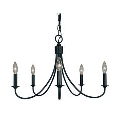 a black chandelier with five lights hanging from it's center and four arms