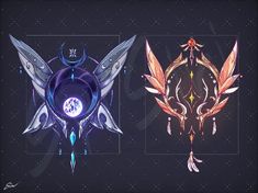 three different types of wings and shapes on a black background with space in the middle