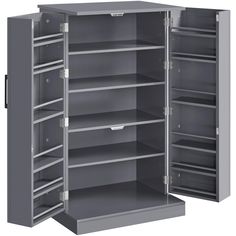 an empty metal storage cabinet with shelves on both sides and doors open to reveal the contents