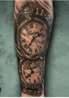 an arm tattoo with two clocks on it and the words, twenty five elevens