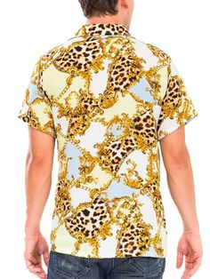 Cheetah Status Print Button Down ShirtCollarButton ClosureShort SleeveRegular FitCuban Cut95 POLY 5 SPAN Summer Printed Gold Shirt, Summer Gold Printed Shirt, Gold Button-up Top For Summer, Gold Summer Top With Button Closure, Casual Gold Printed Shirt, Summer Gold Tops With Buttons, Summer Gold Top With Buttons, Casual Gold Shirt With Button Closure, Casual Gold Tops With Buttons