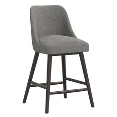 an upholstered bar stool with black legs and a grey fabric seat pad, viewed from the front