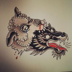 a dragon head tattoo on the side of a wall with blood running down it's face