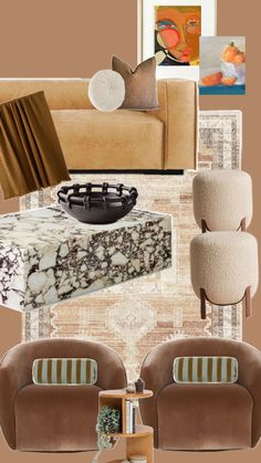 a collage of furniture and decor items including chairs, couches, rugs