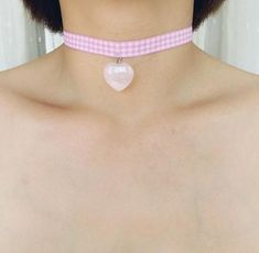 Pink Crystal Heart Plaid Choker Pink Choker For Valentine's Day Gift, Pink Heart Choker As Gift, Pink Heart-shaped Choker For Gifts, Pink Heart-shaped Choker Gift, Pink Heart-shaped Choker As A Gift, Pink Heart-shaped Choker For Valentine's Day, Harajuku Pink, Art Outfit, Crystal Heart Pendant