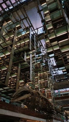 the interior of a large building with many bookshelves