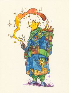 a watercolor drawing of a person with a backpack and stars on their back, standing in front of the moon