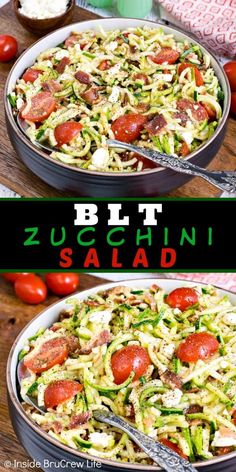 two pictures showing different types of pasta in pans with the words, but zucchini salad