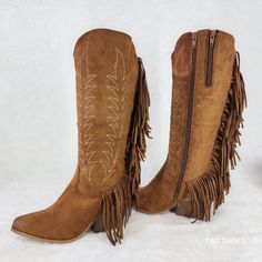 Brand New - Color Is Whiskey Faux Suede Distressed Details Back Fringe Details Composite Sole And Heel Full Inside Zipper With A 2nd Pant Tuck Zipper To Give Extra Inches At The Top Opening If Needed!! Top Opening 14" Approx (With Tuck Zipper Open 16" Approx) Measured On Size 7 Heel Height Approx. 3" Winter Mid-calf Boots With Round Toe For Western-themed Events, Winter Western-themed Mid-calf Boots With Round Toe, Winter Mid-calf Boots For Western-themed Events, Winter Rodeo Mid-calf Boots With Snip Toe, Western Style Suede Mid-calf Boots For Winter, Winter Mid-calf Boots With Snip Toe For Rodeo, Winter Snip Toe Faux Leather Boots, Western Style Faux Leather Moto Boots For Fall, Winter Faux Leather Snip Toe Boots