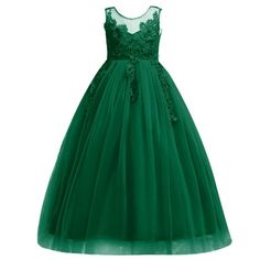 a green flower girl dress on a mannequin neckline with lace and tulle