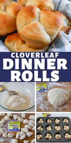 several pictures of different types of rolls with text overlay that reads clover leaf dinner rolls