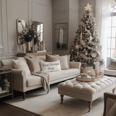 a living room with a christmas tree in the corner and couches on the floor