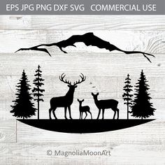 deer and does in the woods with mountains behind them, on a wooden background