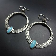 "NAVAJO EARRINGS DESCRIPTION: Heavy cast hoops of sterling silver adorned with oval cabs of turquoise, these earrings will be a cherished addition to your collection of quality Native American jewelry. MEASUREMENTS: 3\" (including wires) x 1 7/8\" WEIGHT: 23.0 grams SIGNED: AW, for Annalise Williams (Navajo) STERLING: yes, stamped STERLING" Vintage Earring, Turquoise Hoop Earrings, Turquoise Hoops, Engagement Earrings, Earrings Handmade Dangle, Big Hoop Earrings, Jewelry Style, Party Earrings, Earring Type