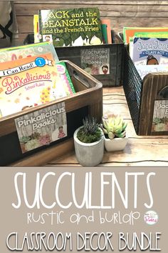 the classroom decor bundle includes books, planters and baskets for succulents