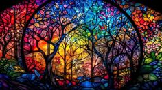 a colorful stained glass window with trees in it