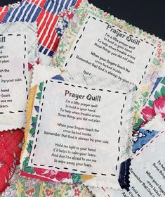 several pieces of paper quilted with words on them that say, prayer quilts