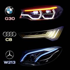 the front lights and grilles of three different cars are shown in this graphic image