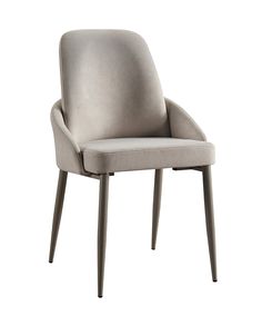 an upholstered grey chair with wooden legs