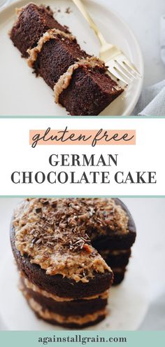 a chocolate cake on a white plate with a fork in it and the words glutenfree german chocolate cake