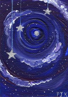 an acrylic painting of the night sky with stars and moon