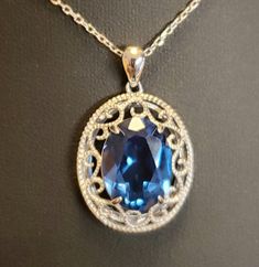 Stunning Large Blue Spinel Necklace, 12x16mm Premium Synthetic Stone (Zircon) Is Brilliant! 925 Sterling Silver Rococo Pendant With Sterling Chain. This Is A Great Gift Idea! Gift Box Included. Large Moonstone Ring, Spinel Necklace, Natural Opal Ring, Blue Spinel, Fire Opal Necklace, Silver Art, Opal Necklace, Antique Rings, Rococo