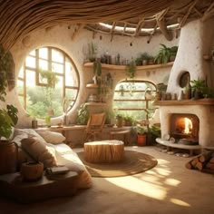 a living room filled with furniture and a fire place next to a window covered in potted plants