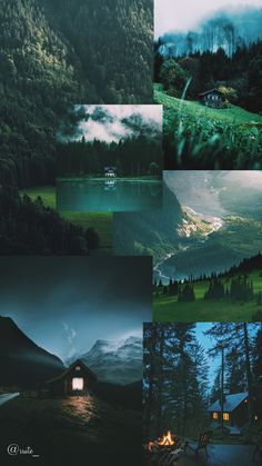 a collage of different images with trees and mountains in the background at night time