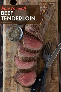 slices of roast beef on a cutting board next to seasoning and pepper shakers