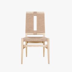 a wooden chair with a beige seat and back rest on a white background, it appears to be made out of wood