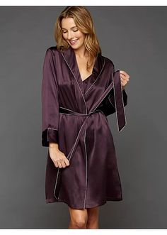 The Splendid Silk Short Robe | Julianna Rae Elegant Long Sleepwear For Evening, Elegant Wrap Robe With Tie Waist, Elegant Silk Robe For Loungewear, Silk Fitted Robe For Loungewear, Silk Wrap Robe For Sleep, Fitted Silk Robe For Loungewear, Formal Long Silk Robe, Chic Formal Satin Robe, Chic Satin Formal Robe