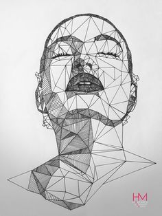 a black and white drawing of a man's face with geometric lines on it