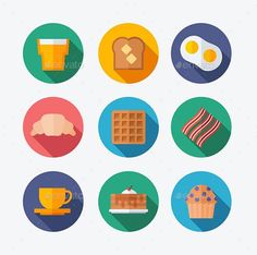 breakfast icons in flat style with long shadows