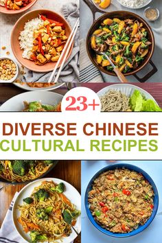 the cover of 23 diverse chinese cultural recipes, including broccoli, noodles and rice