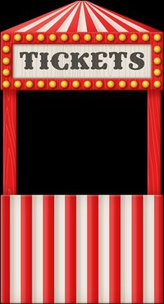 a red and white striped circus tent with the word tickets on it's side