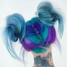 Purple And Green Hair, Purple And Blue Hair, Space Hair, Space Buns, Coloured Hair, Hair Buns, Fantasy Hair