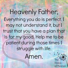 a painting with the words heavenly father, everything you do is perfect i may not understand it, but trust that you have a plan that is for my god, help me to be patient during those times i struggle with