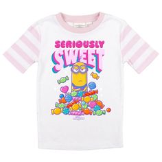 Kids can cuddle up with their favorite silly characters when they wear this officially licensed Minions pajama set. The short-sleeve tee features a big colorful graphic of a minion perched atop a pile of “sweet” things, while the included sleep pants boast an eye-catching pink-and-white striped pattern. Crafted from high-quality polyester jersey to keep kids feeling their best overnight, these pajamas provide superior comfort and durability. When it’s time to clean your pajamas, simply machine w Sweet Characters, Silly Characters, Button Up Pajamas, Girl Pajamas, A Minion, Satin Short, Sleep Pants, Pink And White Stripes, Pajama Robe