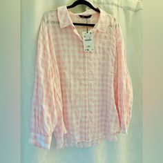 Pink Plaid Button Down. Brand New In Size Xl. Zara Shirt With Button Closure For Spring, Zara Spring Shirt With Button Closure, Oversized Plaid Blouse For Spring, Zara Collared Shirt For Day Out, Spring Zara Shirt With Button Closure, Zara Shirt With Button Closure For Day Out, Zara Long Sleeve Shirt For Summer, Zara Long Sleeve Summer Shirt, White Buttoned Shirt By Zara