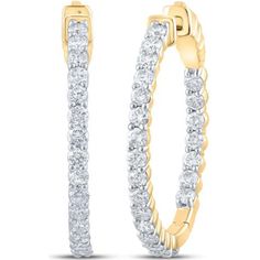 GND 10K Yellow Gold Prong-Set Round Diamond Medium Hoop Earrings - 2.0 Carat Total Diamond Weight Luxury Hoop Earrings With Halo Design, Luxury Halo Design Hoop Jewelry, Eternity Hoop Earrings, Luxury Halo Design Hoop Earrings For Anniversary, Luxury Halo Design Hoop Earrings, Medium Hoop Earrings, Special One, Diamond Hoop Earrings, 2 Carat