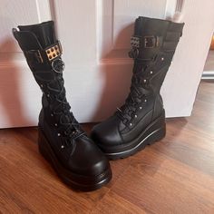 Platform Lace Up Grunge Boots. Never Worn. Bought For A Halloween Costume, But Didn’t Use Them. Excellent Condition. From Smoke Free Home. Lace Up And Zippers For Easy On And Off. Warm And Comfortable. Punk Style Wedge Boots For Fall Streetwear, Alternative Style Black Wedge Boots For Fall, Black Alternative Style Wedge Boots For Fall, Halloween Alternative Style Boots With Round Toe, Halloween Platform Boots With Round Toe For Concert, Fitted Round Toe Platform Boots For Halloween, Edgy Black Wedge Boots For Fall, Fall Leather Platform Boots For Cosplay, Leather Platform Boots For Cosplay In Fall