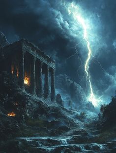 an image of a storm coming in from the sky with lightning striking over some ruins